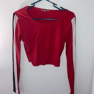 Red Black and White Long Sleeve Crop Top